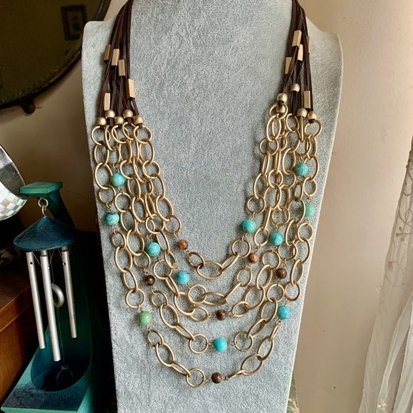 Gorgeous Boho Charming Charlie Suede & Turquoise Bead Statement Necklace - Picture 7 of 12